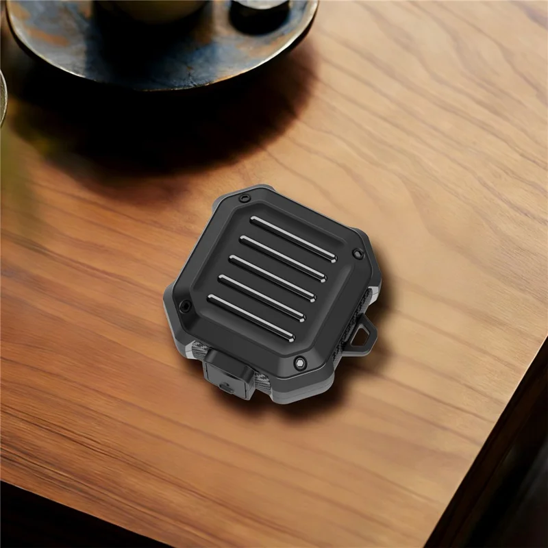 Étui pour Samsung Galaxy Buds4 / Buds4 Pro, motif rayures de valise, coque de protection en TPU et PC avec mousqueton - Noir