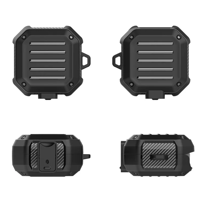 Étui pour Samsung Galaxy Buds4 / Buds4 Pro, motif rayures de valise, coque de protection en TPU et PC avec mousqueton - Noir