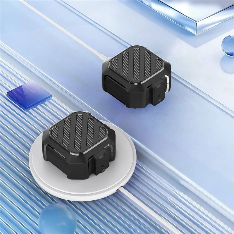 For Samsung Galaxy Buds4 / Buds4 Pro Case Diagonal Stripe Texture PC TPU Earphone Protective Cover with Carabiner - Dark Blue