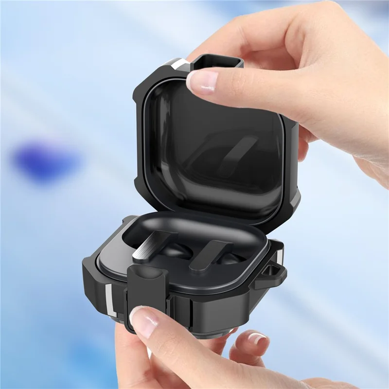 For Samsung Galaxy Buds4 / Buds4 Pro Case Diagonal Stripe Texture PC TPU Earphone Protective Cover with Carabiner - Dark Blue