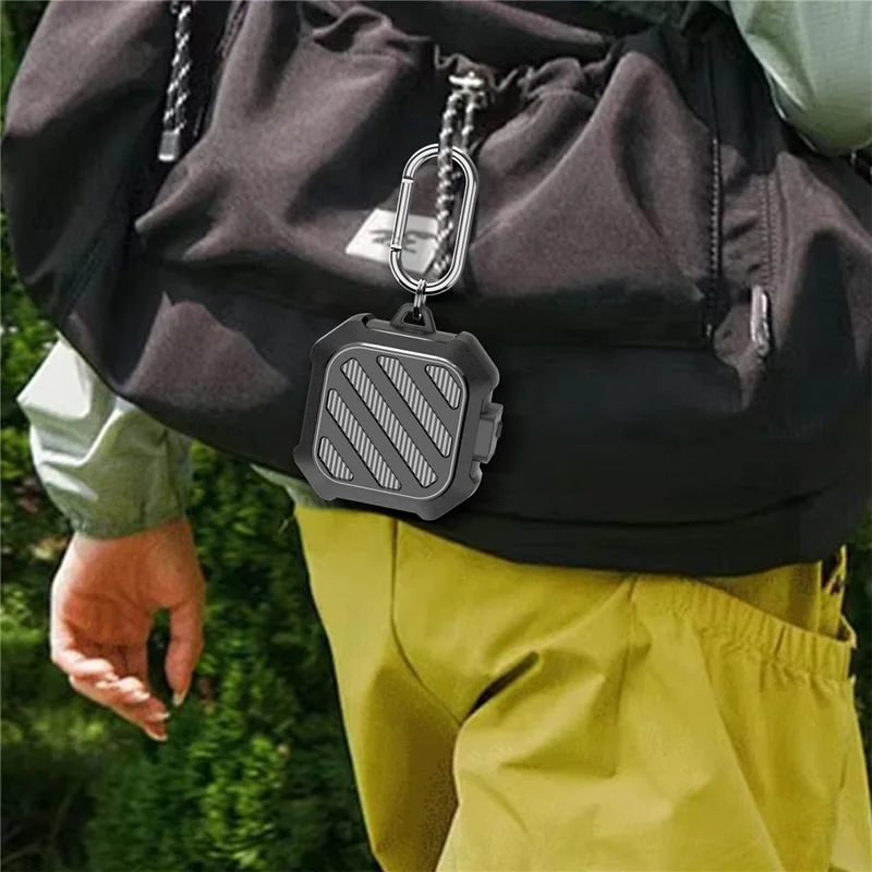 For Samsung Galaxy Buds4 / Buds4 Pro Case Diagonal Stripe Texture PC TPU Earphone Protective Cover with Carabiner - Dark Blue