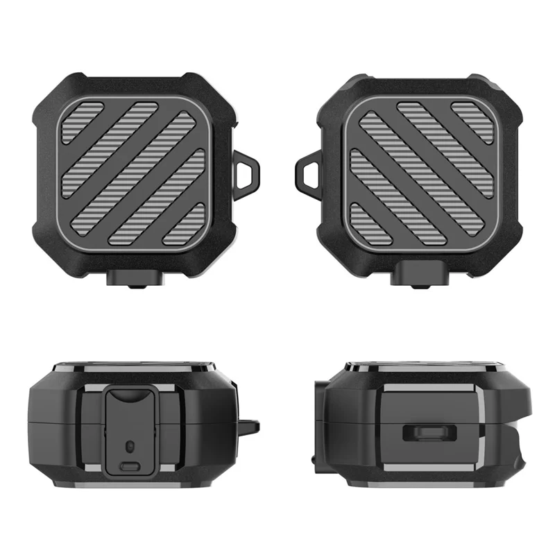 For Samsung Galaxy Buds4 / Buds4 Pro Case Diagonal Stripe Texture PC TPU Earphone Protective Cover with Carabiner - Dark Blue