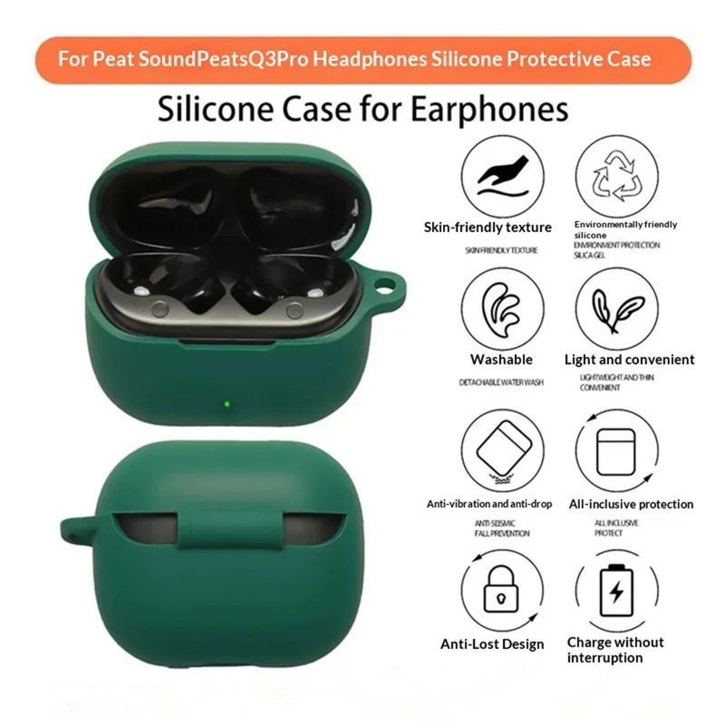 For SoundPEATS Q3 Pro Silicone Case Wireless Earbuds Protective Cover with Anti-Lost Buckle - Red