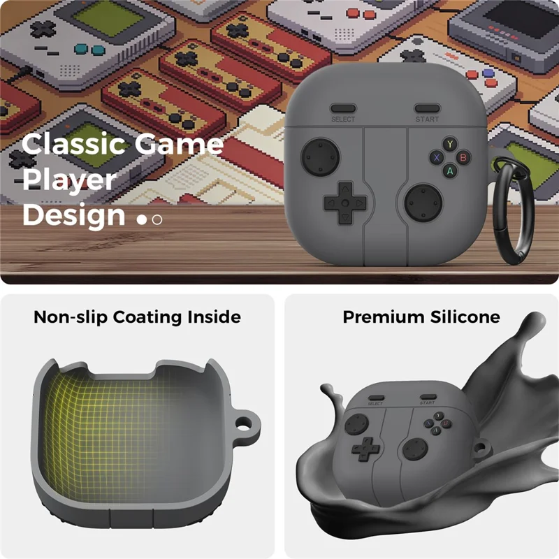 AHASTYLE WG194 For Samsung Galaxy Buds4 Pro / Buds4 Game Controller Design Silicone Case Protective Cover with Carabiner - Dark Grey