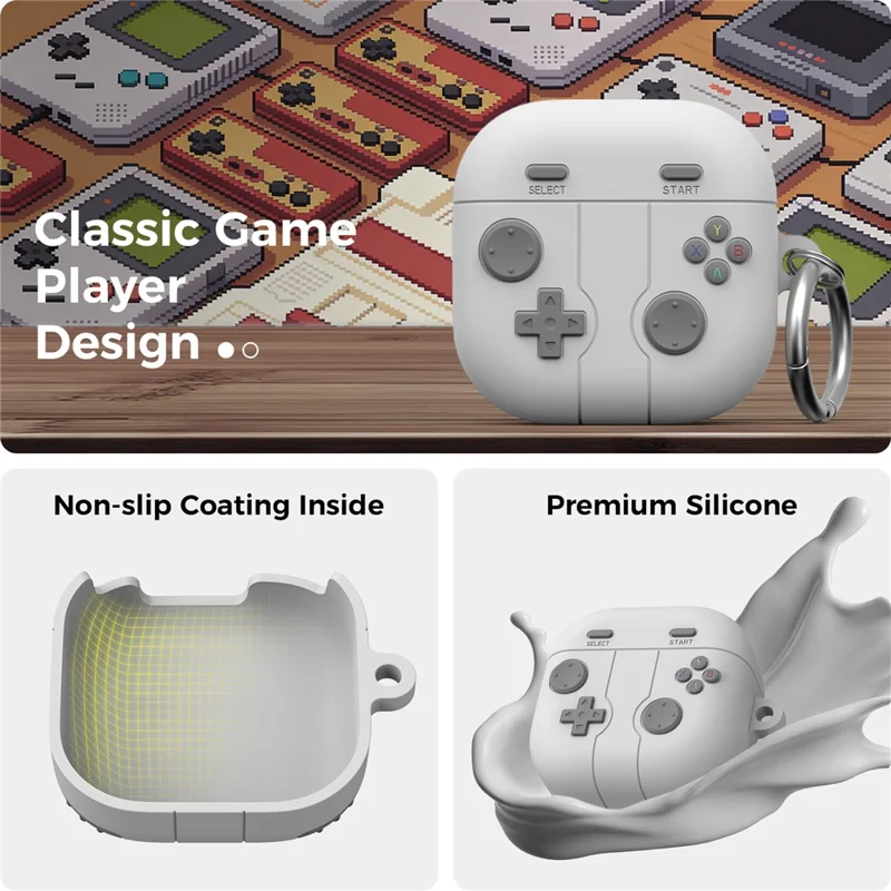 AHASTYLE WG194 For Samsung Galaxy Buds4 Pro / Buds4 Game Controller Design Silicone Case Protective Cover with Carabiner - Light Grey
