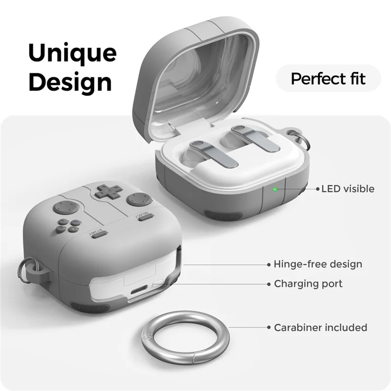AHASTYLE WG194 For Samsung Galaxy Buds4 Pro / Buds4 Game Controller Design Silicone Case Protective Cover with Carabiner - Light Grey