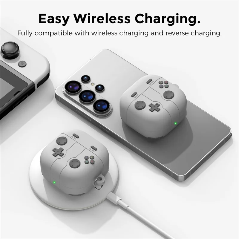 AHASTYLE WG194 For Samsung Galaxy Buds4 Pro / Buds4 Game Controller Design Silicone Case Protective Cover with Carabiner - Light Grey