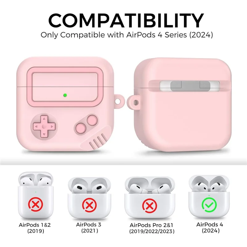 AHASTYLE JY21 For AirPods 4 Protective Case Game Console Design Split Silicone Earphone Cover with Carabiner and Cleaning Pen - Pink