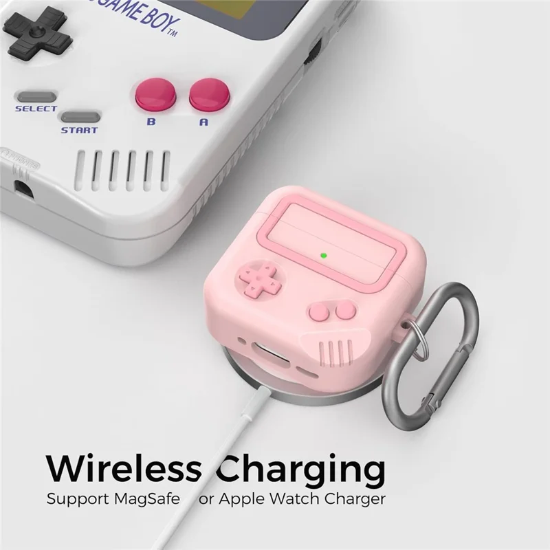 AHASTYLE JY21 For AirPods 4 Protective Case Game Console Design Split Silicone Earphone Cover with Carabiner and Cleaning Pen - Pink