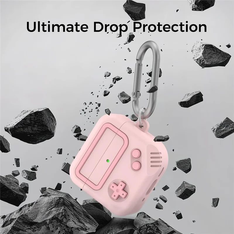 AHASTYLE JY21 For AirPods 4 Protective Case Game Console Design Split Silicone Earphone Cover with Carabiner and Cleaning Pen - Pink