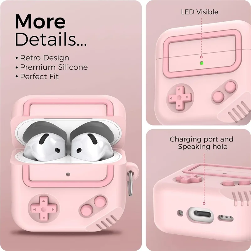 AHASTYLE JY21 For AirPods 4 Protective Case Game Console Design Split Silicone Earphone Cover with Carabiner and Cleaning Pen - Pink