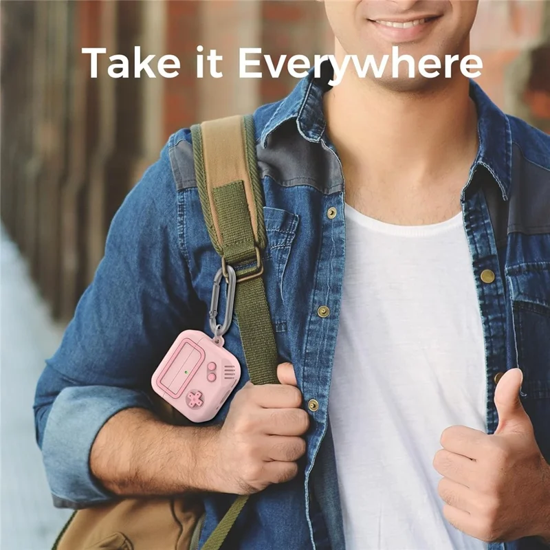 AHASTYLE JY21 For AirPods 4 Protective Case Game Console Design Split Silicone Earphone Cover with Carabiner and Cleaning Pen - Pink