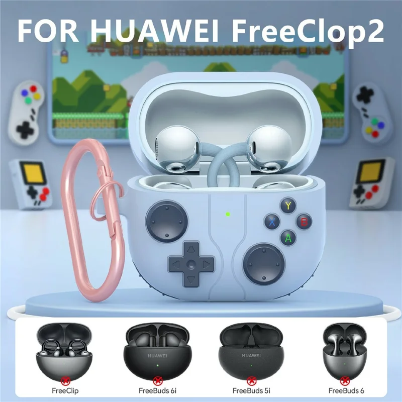 Чехол для Huawei FreeClip 2 с защитой из жидкого силикона, дизайн игрового контроллера, с карабином — синий