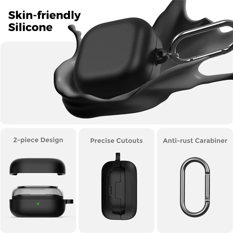 AHASTYLE WG192 для Samsung Galaxy Buds4 / Buds4 Pro силиконовый чехол 2-х частый раздельный защитный чехол с карабином - черный