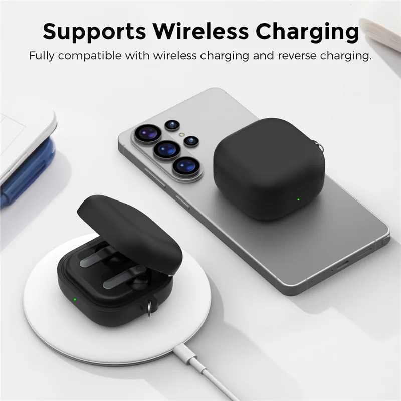AHASTYLE WG192 для Samsung Galaxy Buds4 / Buds4 Pro силиконовый чехол 2-х частый раздельный защитный чехол с карабином - черный