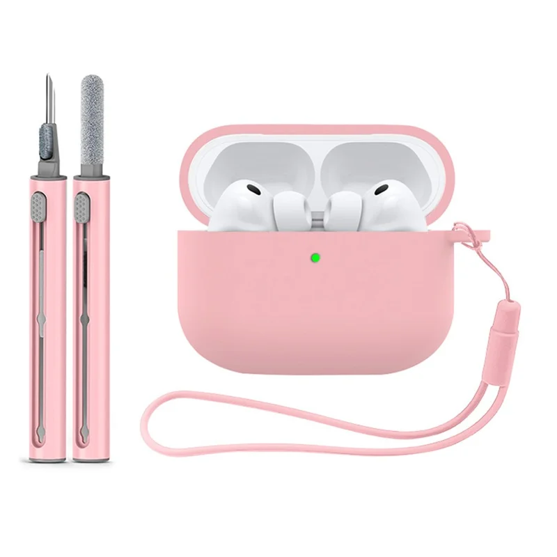 Silicone Case for AirPods Pro 3 Bluetooth-compatible Earbuds Protective Cover with Lanyard Cleaning Pen Kit - Pink