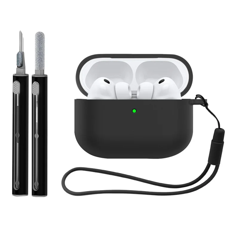 Silicone Case for AirPods Pro 3 Bluetooth-compatible Earbuds Protective Cover with Lanyard Cleaning Pen Kit - Black