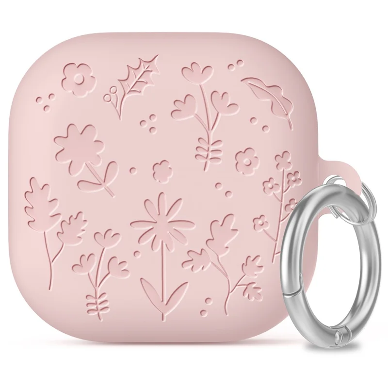 AHASTYLE WG199 For Samsung Galaxy Buds4 Pro  /  Buds4 Protective Case with Carabiner Embossed Flower Leaf Silicone Cover - Pink