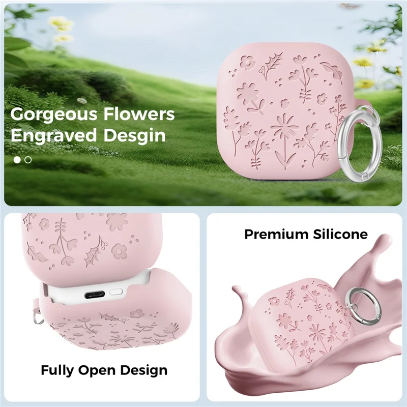 AHASTYLE WG199 For Samsung Galaxy Buds4 Pro  /  Buds4 Protective Case with Carabiner Embossed Flower Leaf Silicone Cover - Pink