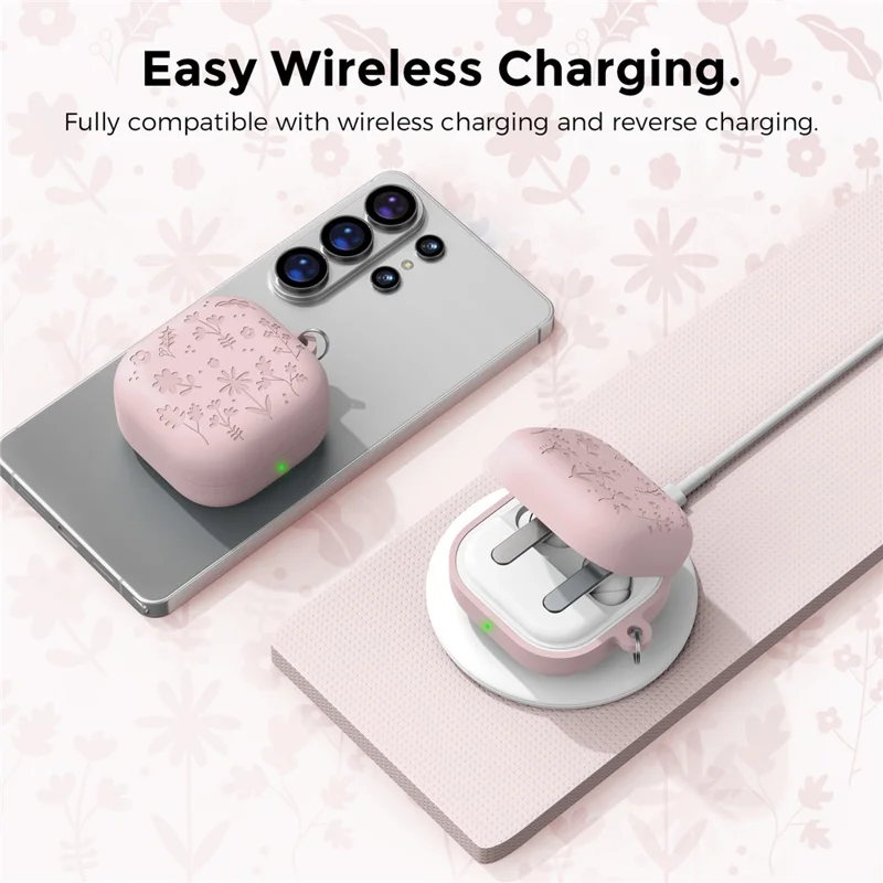 AHASTYLE WG199 For Samsung Galaxy Buds4 Pro  /  Buds4 Protective Case with Carabiner Embossed Flower Leaf Silicone Cover - Pink