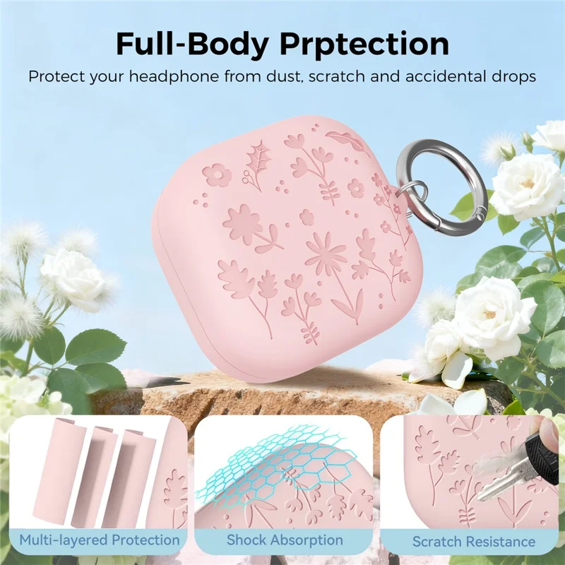 AHASTYLE WG199 For Samsung Galaxy Buds4 Pro  /  Buds4 Protective Case with Carabiner Embossed Flower Leaf Silicone Cover - Pink