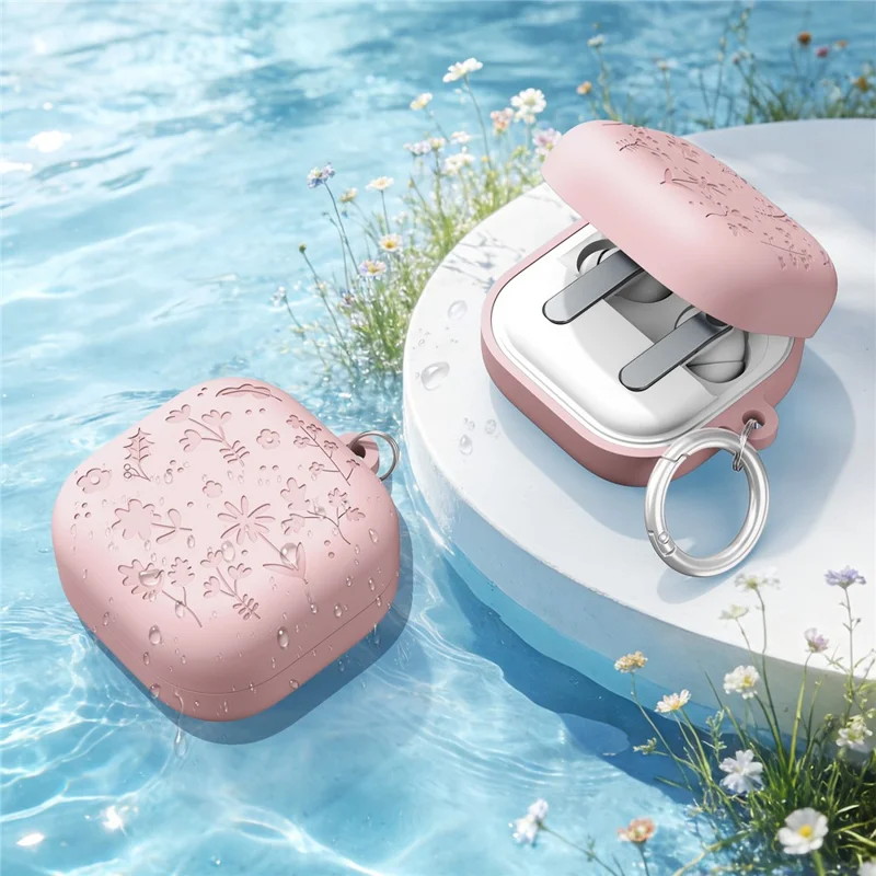 AHASTYLE WG199 For Samsung Galaxy Buds4 Pro  /  Buds4 Protective Case with Carabiner Embossed Flower Leaf Silicone Cover - Pink