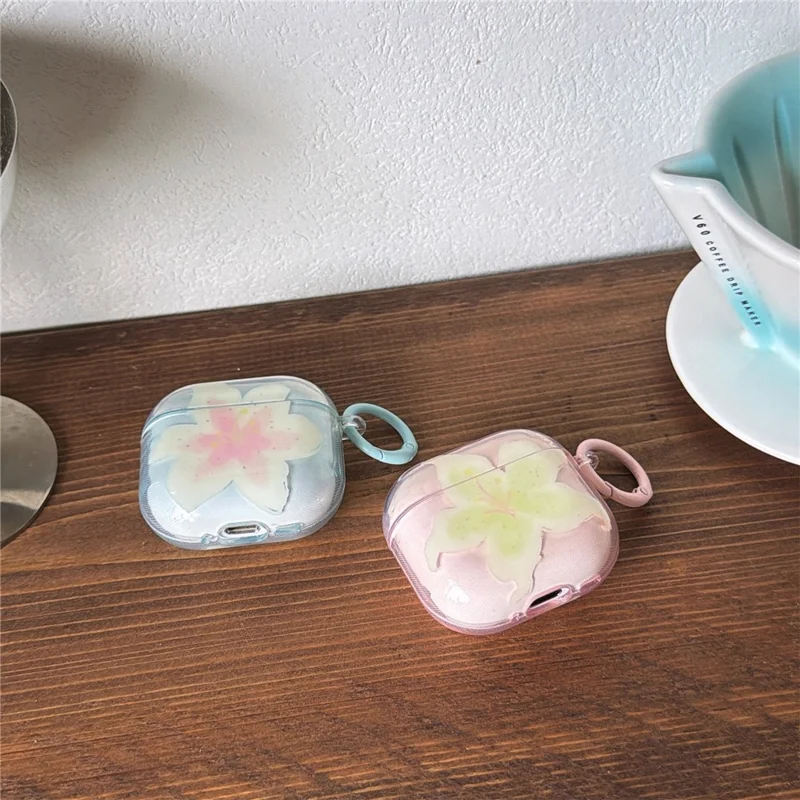 For AirPods 4 Beskyttelsesdæksel IMD Blomstermønster Gennemsigtigt TPU Dæksel med Metalbøjle - Transparent Rosa