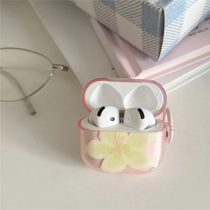 For AirPods 4 Beskyttelsesdæksel IMD Blomstermønster Gennemsigtigt TPU Dæksel med Metalbøjle - Transparent Rosa