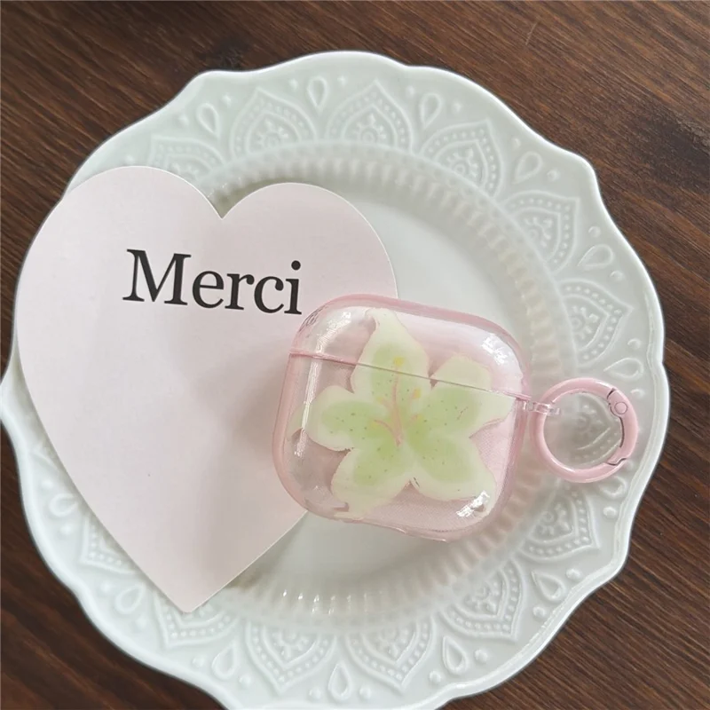 For AirPods 4 Beskyttelsesdæksel IMD Blomstermønster Gennemsigtigt TPU Dæksel med Metalbøjle - Transparent Rosa