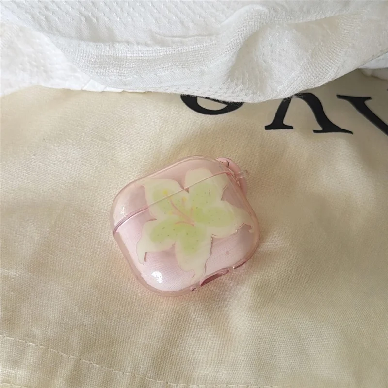 For AirPods 4 Beskyttelsesdæksel IMD Blomstermønster Gennemsigtigt TPU Dæksel med Metalbøjle - Transparent Rosa