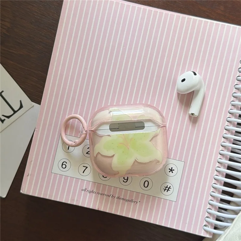 For AirPods 4 Beskyttelsesdæksel IMD Blomstermønster Gennemsigtigt TPU Dæksel med Metalbøjle - Transparent Rosa