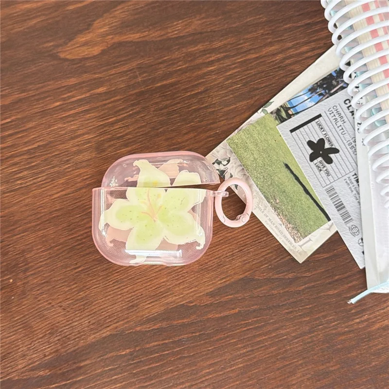 For AirPods 4 Beskyttelsesdæksel IMD Blomstermønster Gennemsigtigt TPU Dæksel med Metalbøjle - Transparent Rosa