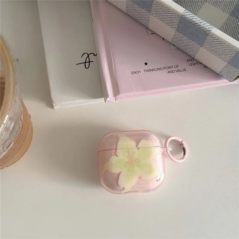 Beskyttende hylster til Apple AirPods 3 med IMD-blomstermønster, transparent TPU-dæksel med metalknap - Transparent lyserød