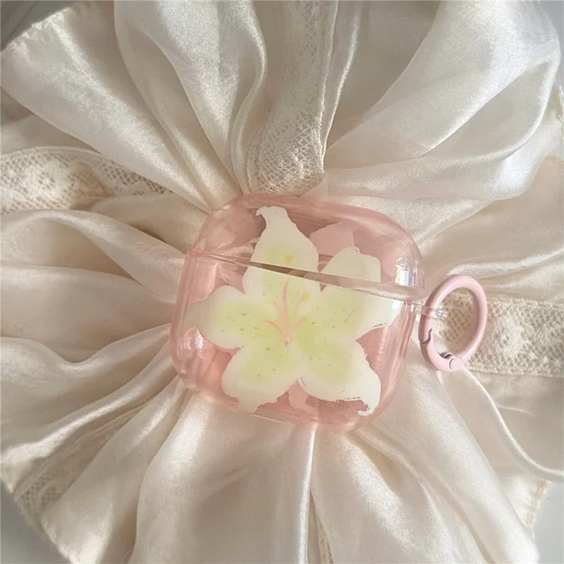Beskyttende hylster til Apple AirPods 3 med IMD-blomstermønster, transparent TPU-dæksel med metalknap - Transparent lyserød