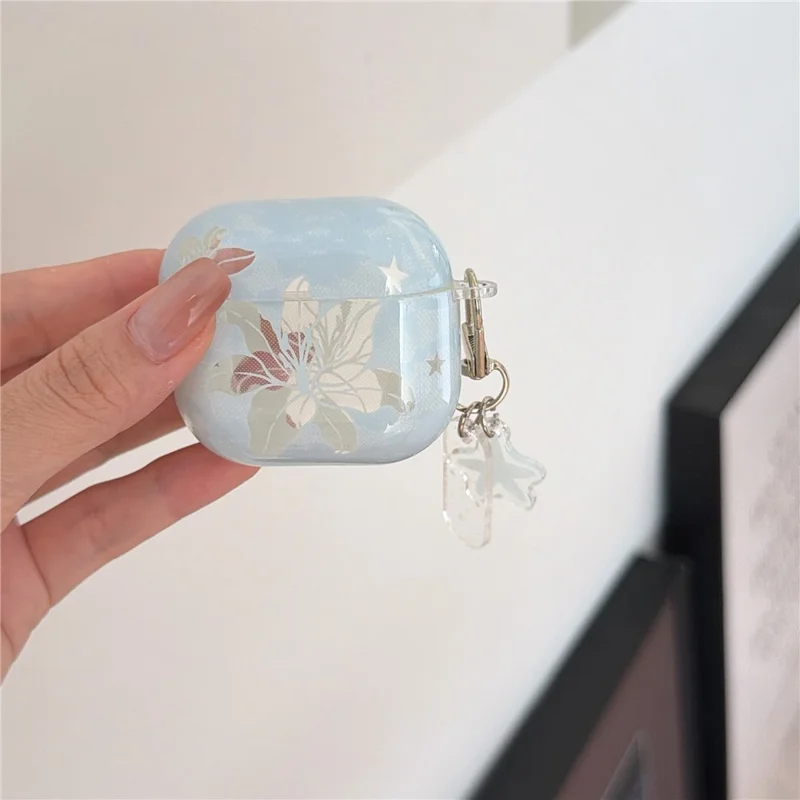 Case for AirPods 4 Lily Flower Pattern TPU Protective Cover with Keychain Charm & Buckle Clip