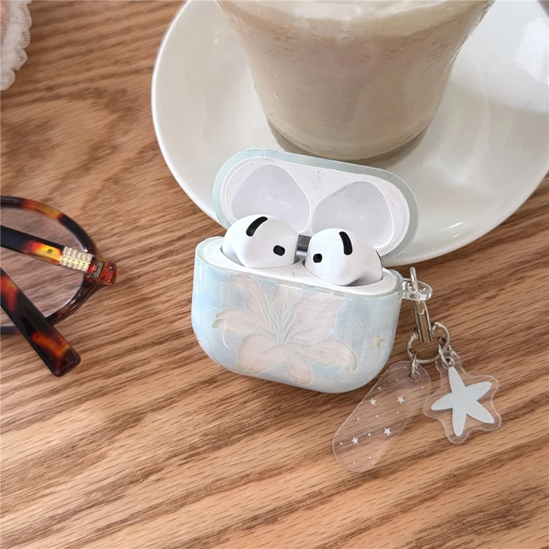Case for AirPods 4 Lily Flower Pattern TPU Protective Cover with Keychain Charm & Buckle Clip