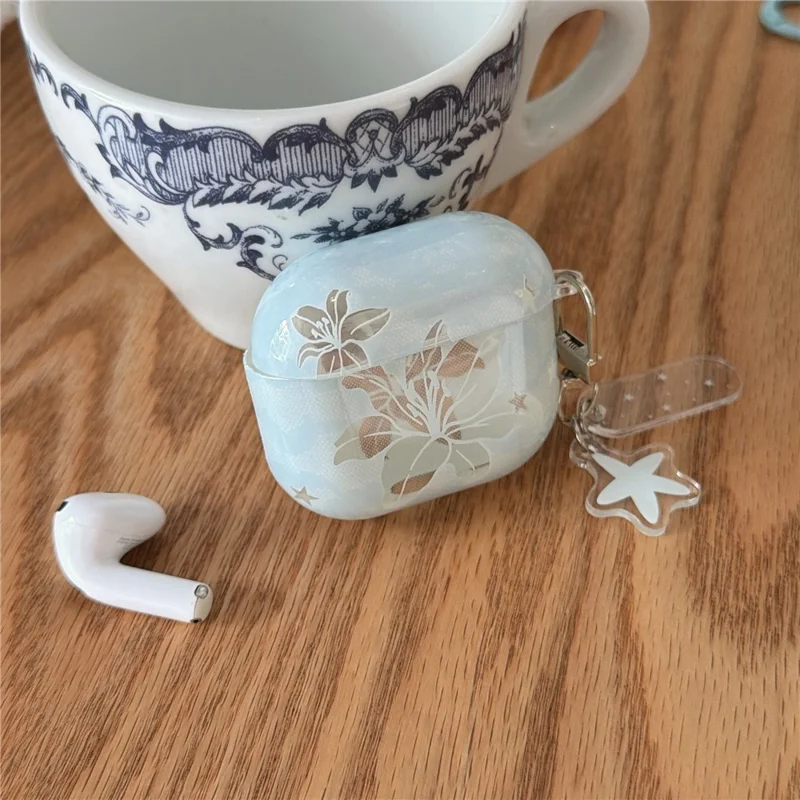 Case for AirPods 4 Lily Flower Pattern TPU Protective Cover with Keychain Charm & Buckle Clip