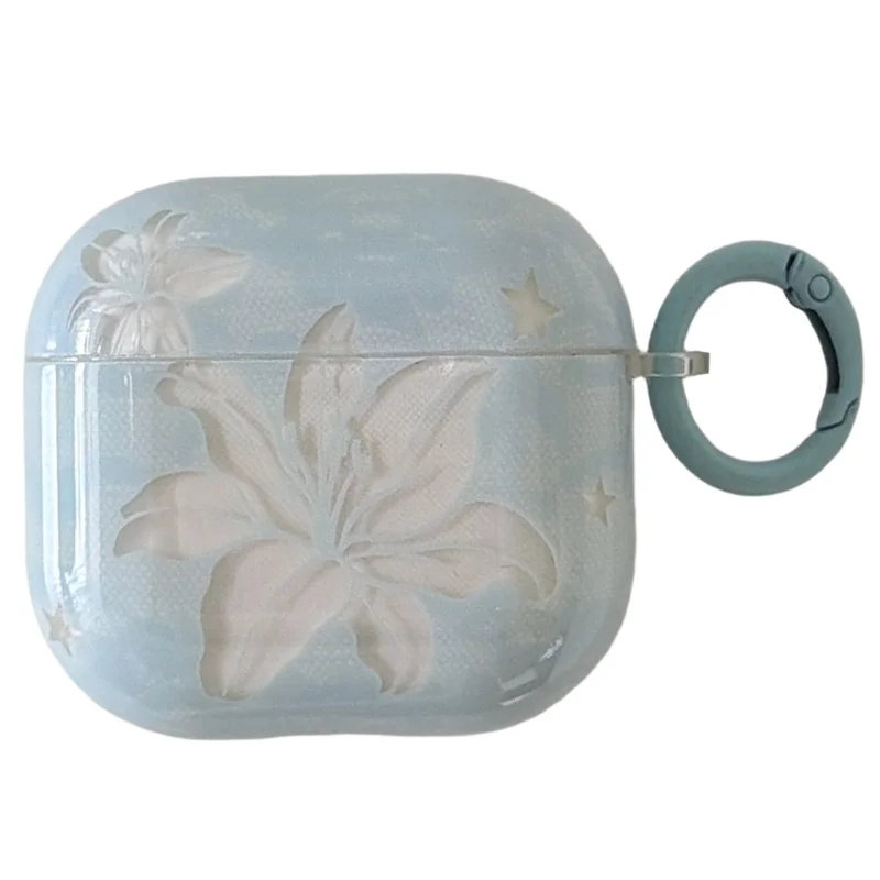 Case for AirPods 4 Lily Flower Pattern TPU Protective Cover with Keychain Charm & Buckle Clip