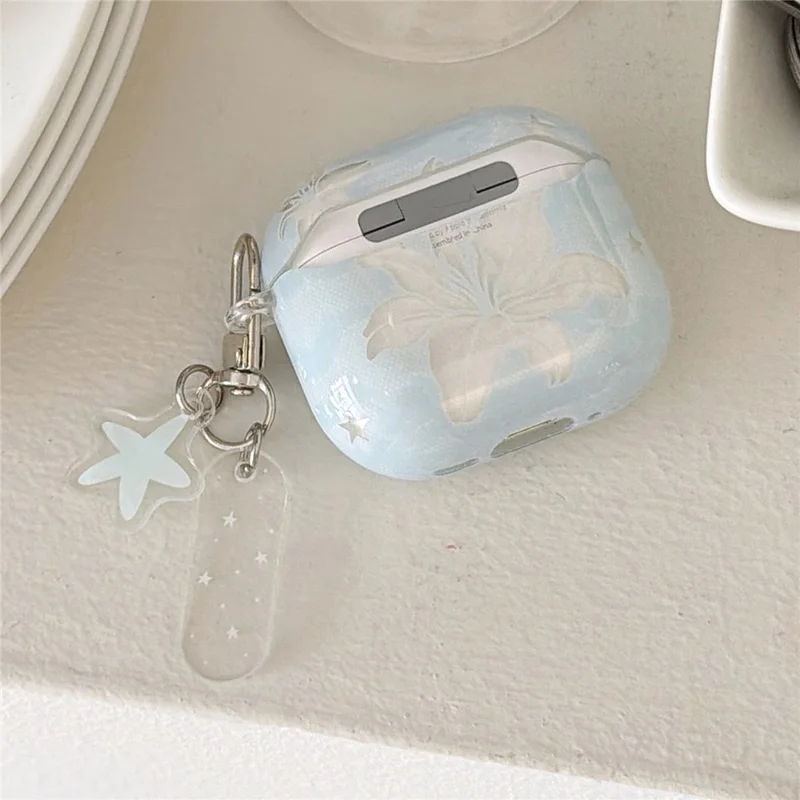 Case for AirPods 4 Lily Flower Pattern TPU Protective Cover with Keychain Charm & Buckle Clip