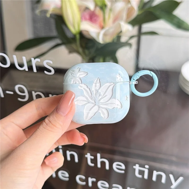 Case for AirPods 4 Lily Flower Pattern TPU Protective Cover with Keychain Charm & Buckle Clip