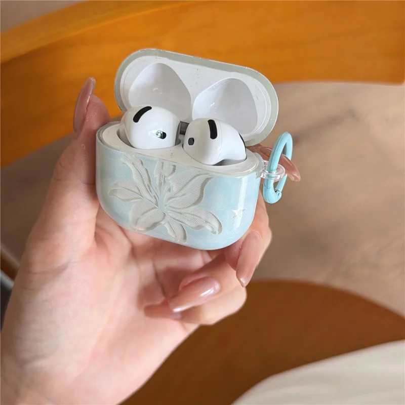 Case for AirPods 4 Lily Flower Pattern TPU Protective Cover with Keychain Charm & Buckle Clip