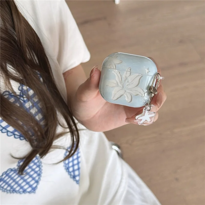 Case for AirPods 4 Lily Flower Pattern TPU Protective Cover with Keychain Charm & Buckle Clip