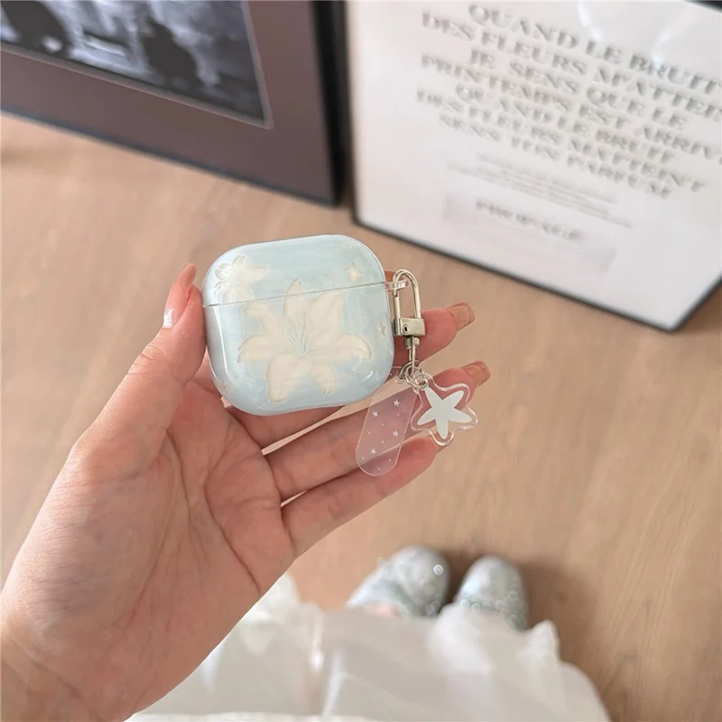 Case for AirPods 4 Lily Flower Pattern TPU Protective Cover with Keychain Charm & Buckle Clip