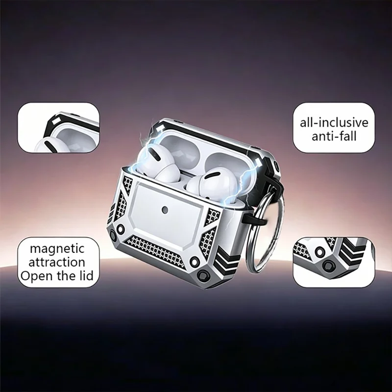 Für AirPods 4 Hülle Magnetisch PC + TPU Stoßfester Schutz für Kopfhörer mit Schlüsselband - Silber