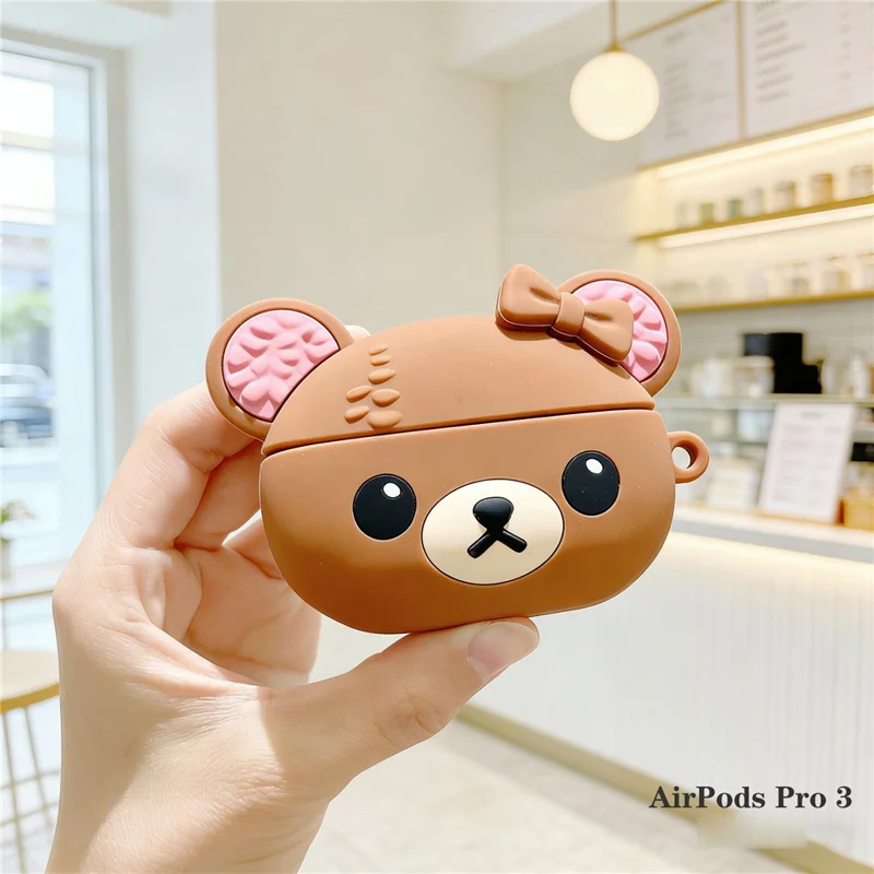 Silicone Case for AirPods Pro 3 Cute Bear Cartoon Design Protective Cover with Carabiner Clip
