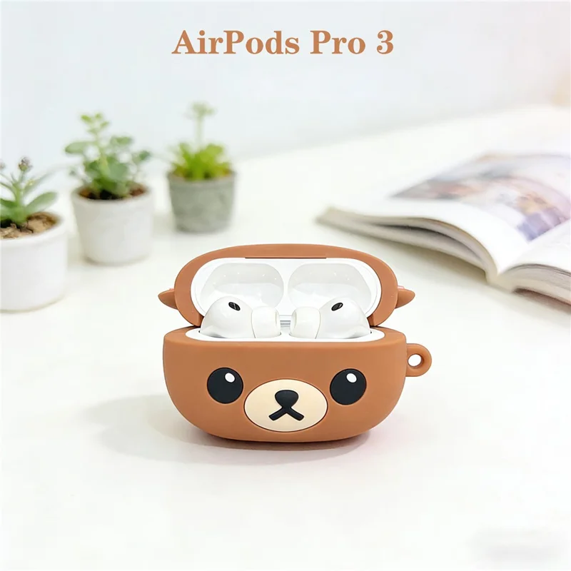 Silicone Case for AirPods Pro 3 Cute Bear Cartoon Design Protective Cover with Carabiner Clip