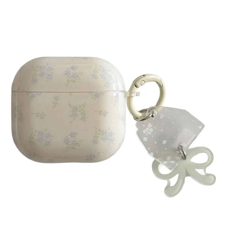 For AirPods 4 Cute Floral Case with Keychain Charm & Buckle Clip Earbuds TPU Soft Protective Cover