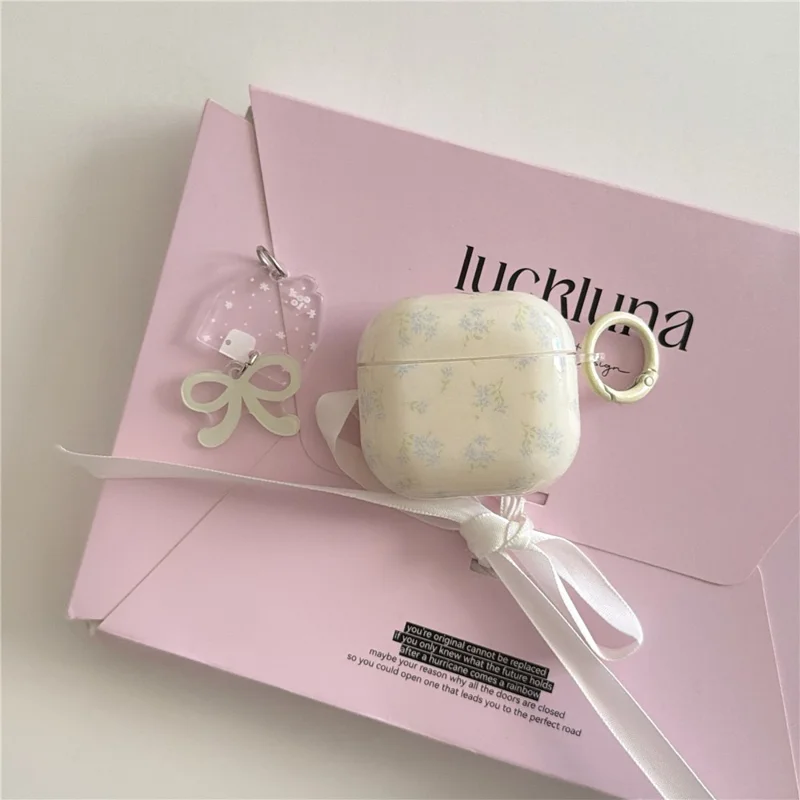 For AirPods 4 Cute Floral Case with Keychain Charm & Buckle Clip Earbuds TPU Soft Protective Cover