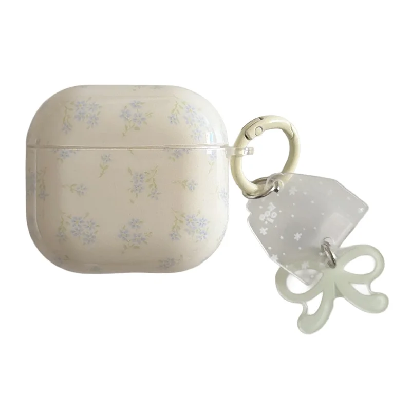 Silicone Case for AirPods 3 Tiny Floral Pattern Protective Cover with Bow Keychain Pendant & Buckle Clip TPU Soft Shell