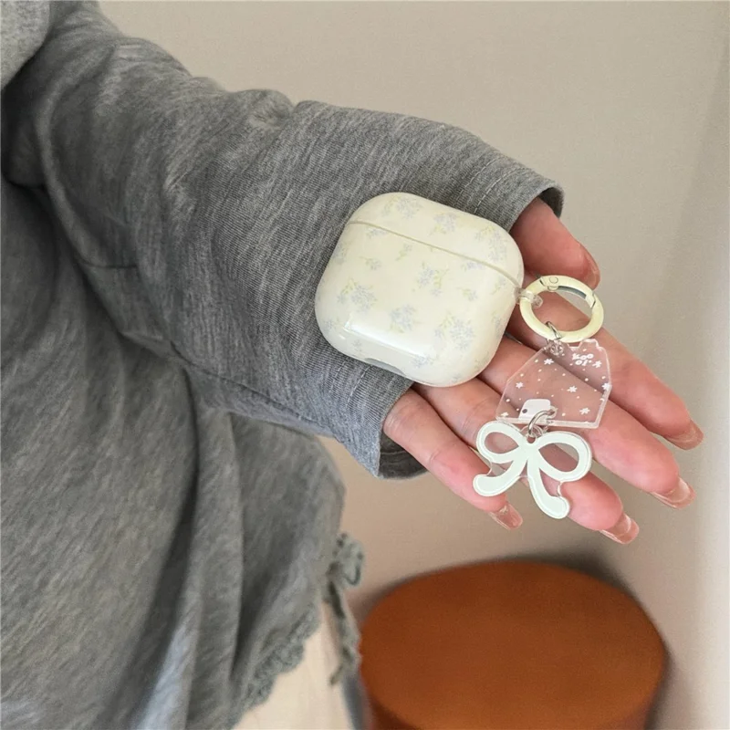 Silicone Case for AirPods 3 Tiny Floral Pattern Protective Cover with Bow Keychain Pendant & Buckle Clip TPU Soft Shell